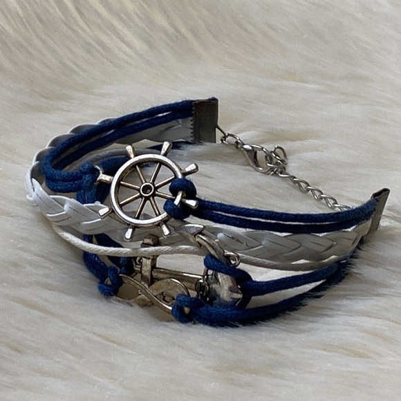 Vintage Silver Ship Rudder Anchor Infinity Bracelet Multilayer Braided Blue Whit - Picture 13 of 16